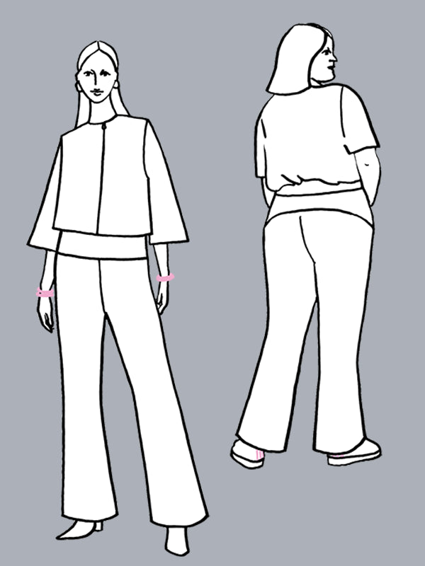 Line drawing of a person wearing a top and pants on a gray background