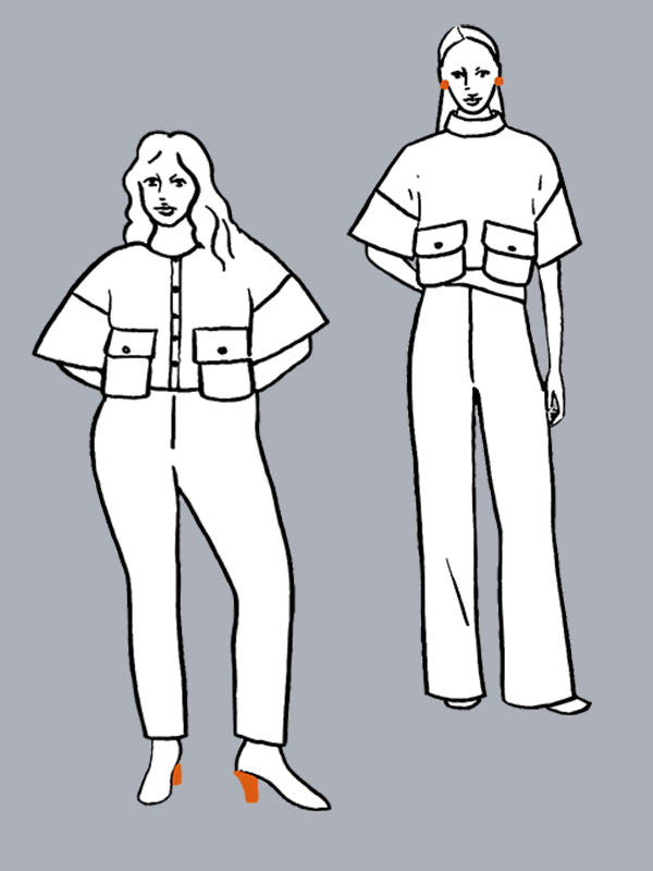 Line art of two women wearing matching outfits with pocket details on a gray background