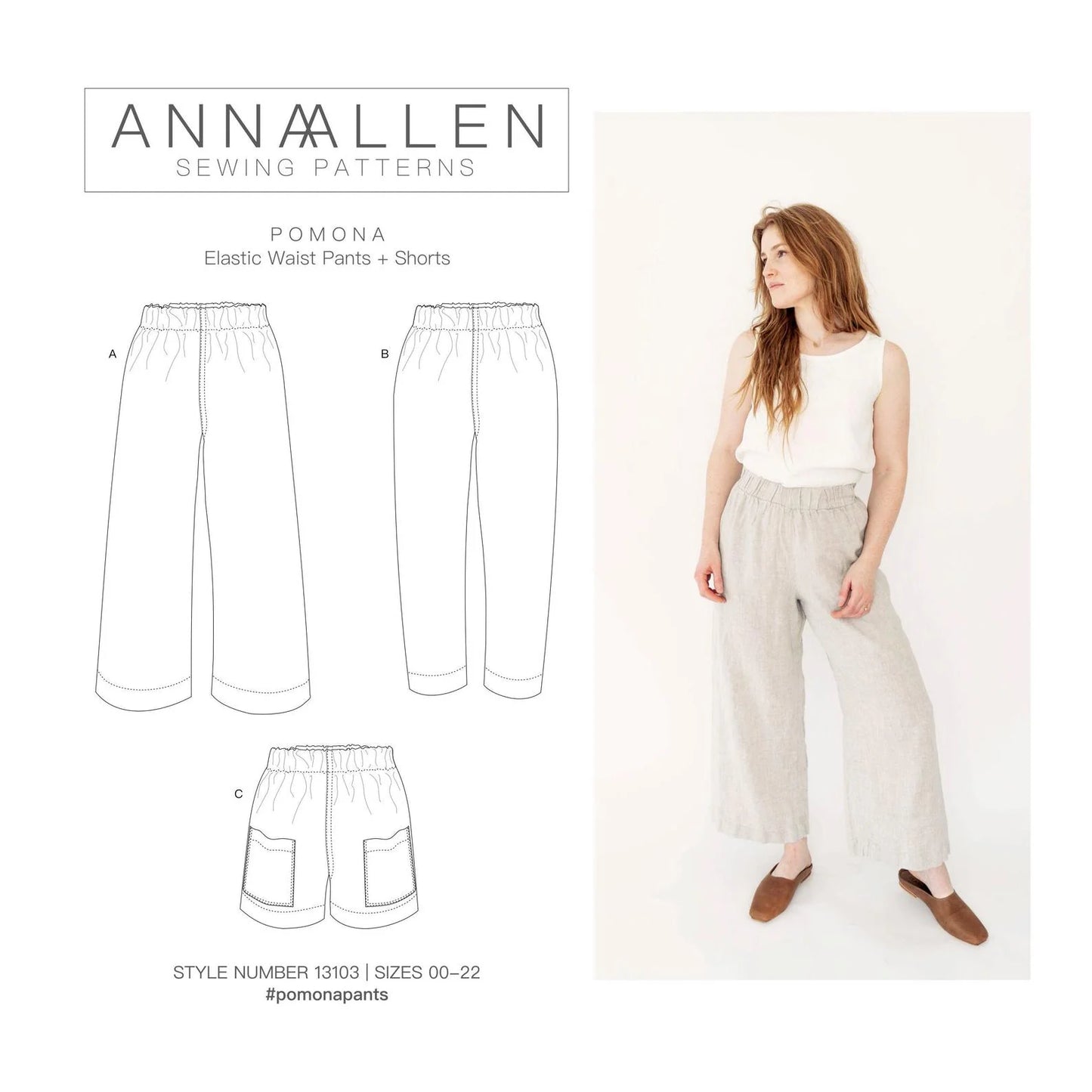 ANN ALLEN sewing pattern for Pomona Elastic Waist Pants and Shorts with a model wearing the pants.