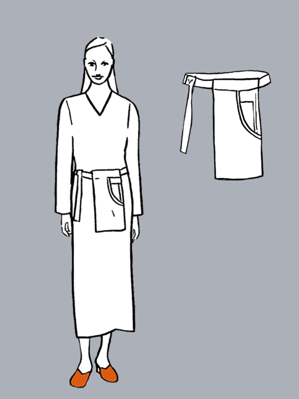 Line drawing of a person wearing a dress with a belt and a separate belt on a gray background