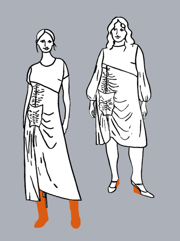 Line drawings of two women wearing dresses on a gray background