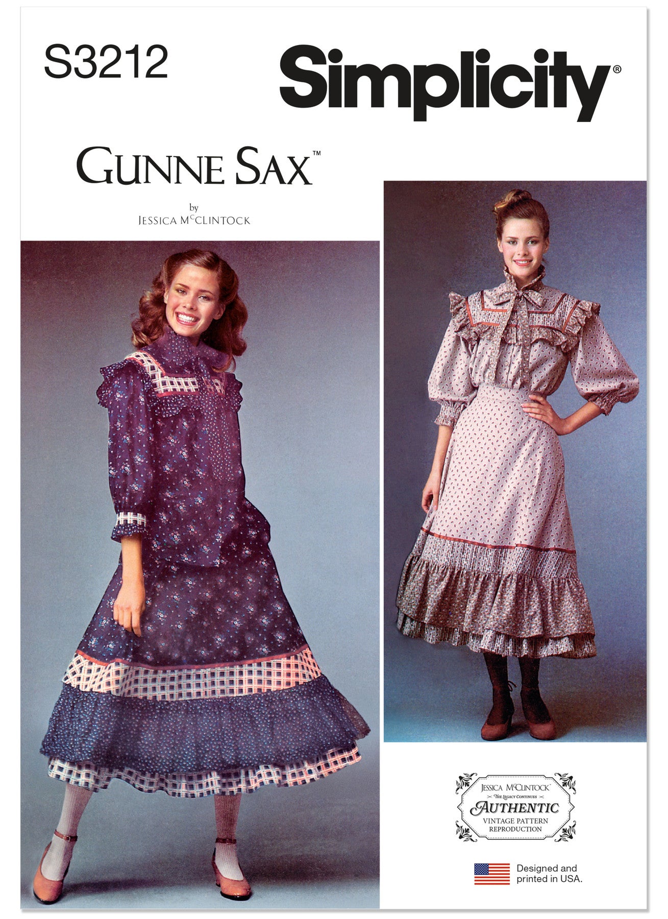Simplicity Gunne Sax pattern packaging with two models wearing dresses.