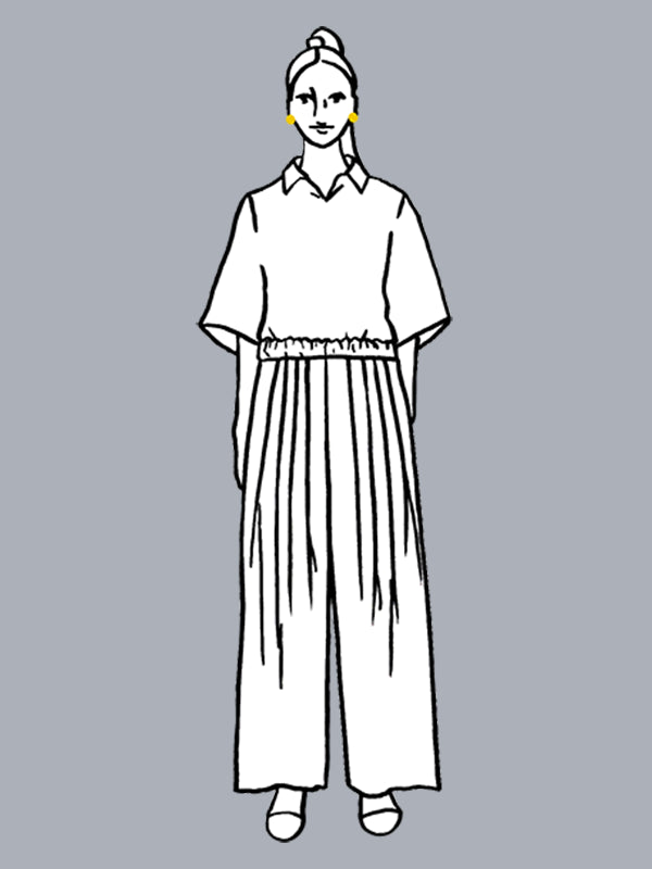 Line drawing of a person wearing a white shirt and long white pants on a gray background
