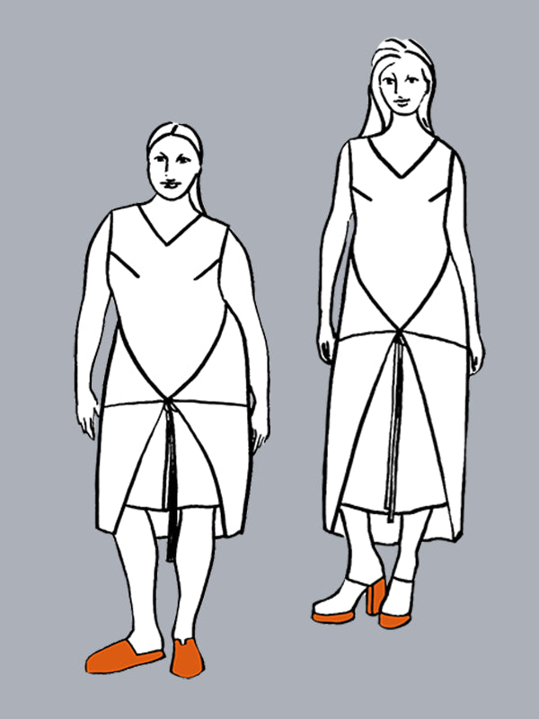 Two fashion illustrations of a dress on a gray background
