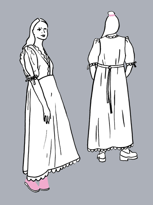 Line drawing of a woman wearing a long white dress with a belt, standing against a gray background.