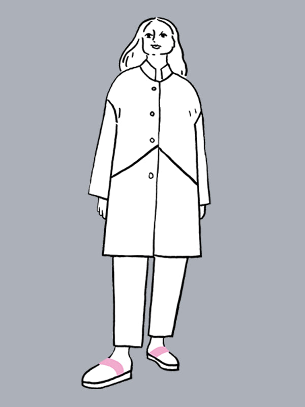 Line drawing of a person wearing a coat and pants on a gray background