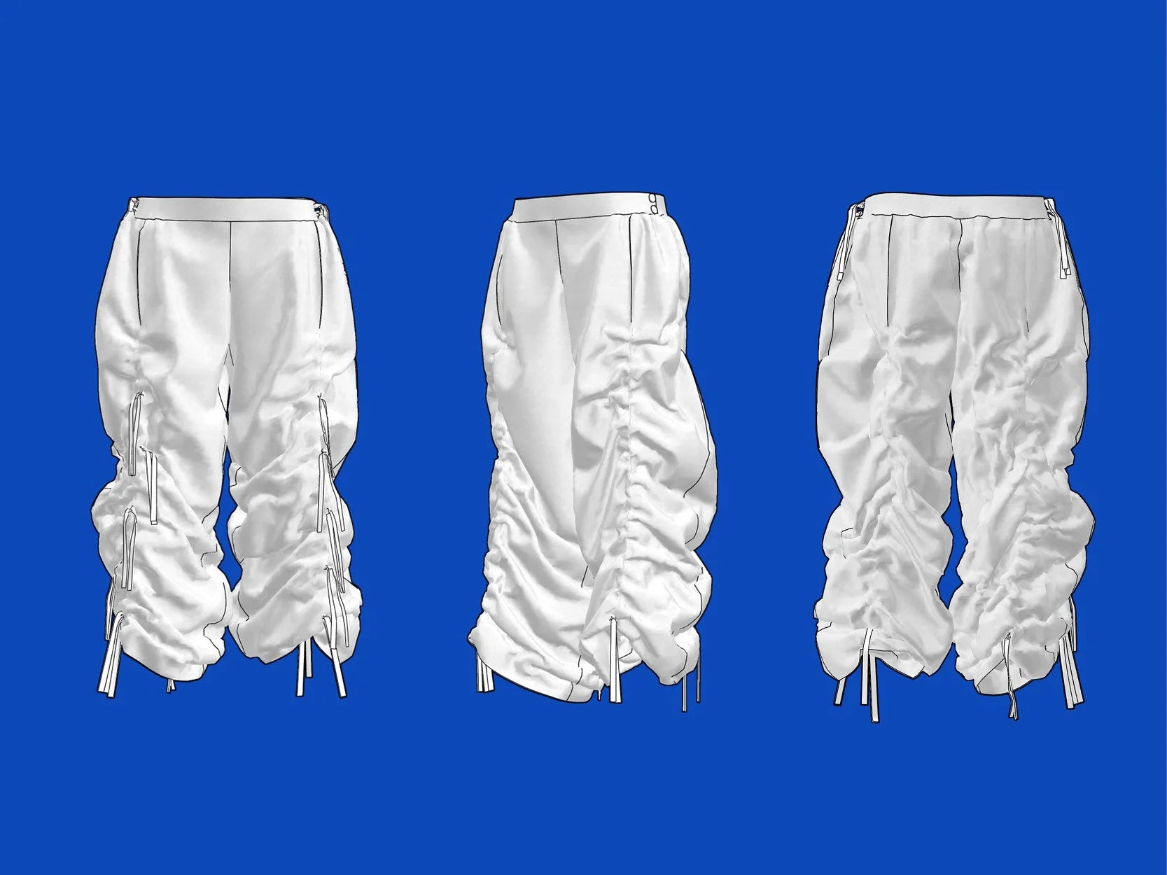 Three white ruched pants shown from the front and side against a solid blue background.