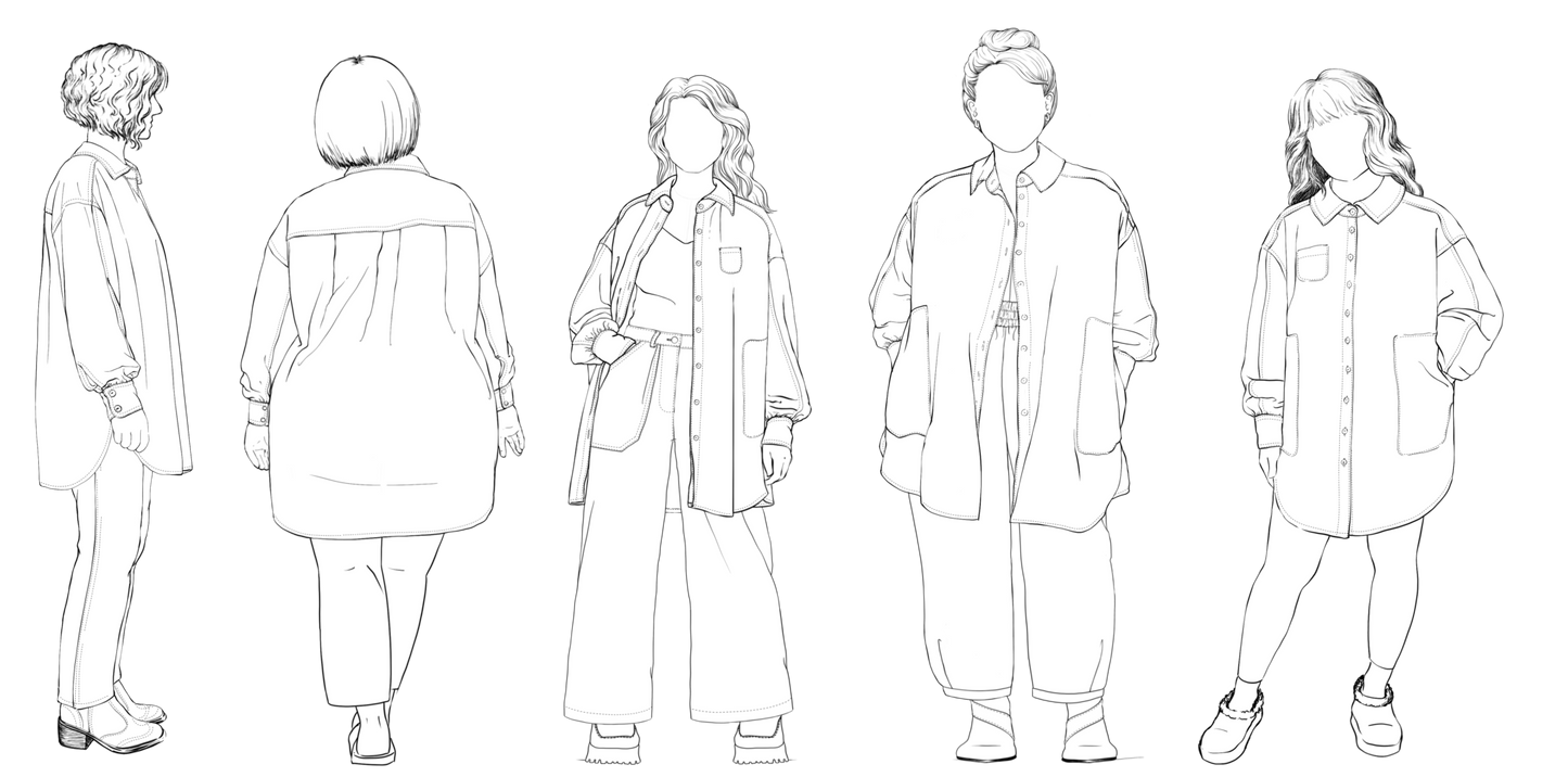 Line art of a person wearing a coat from multiple angles on a white background