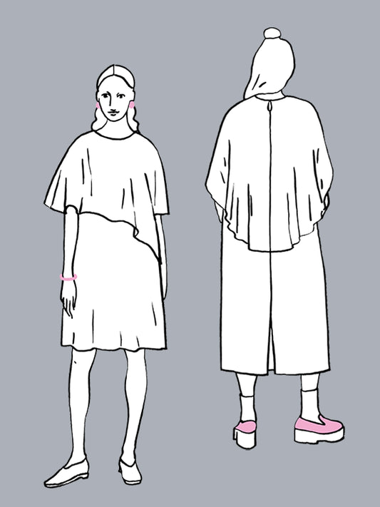 Line art of a person wearing a dress and coat on a gray background
