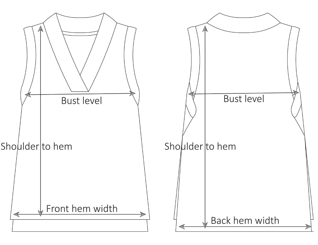 Measurement chart for a sleeveless garment with labeled parts and dimensions.