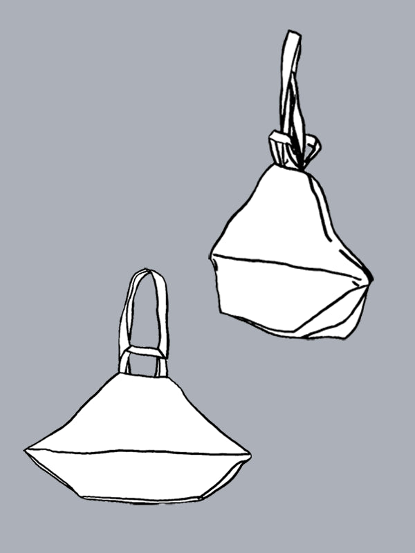 Black and white line drawing of two bags on a gray background