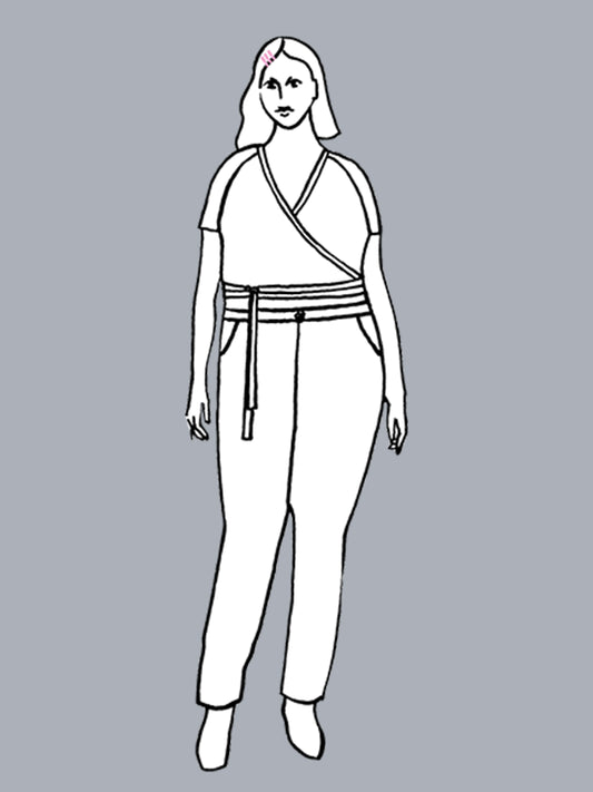 Line drawing of a person wearing a top and pants on a gray background