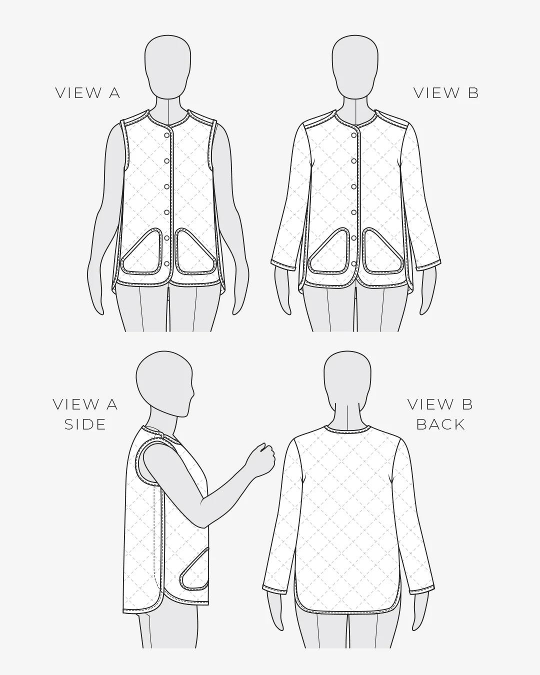 tech line sketch of views A and B of the wildwood jacket and vest sewing pattern