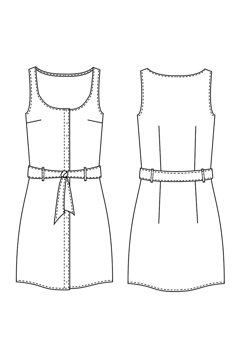 Line drawing of a sleeveless dress with a belt on a white background