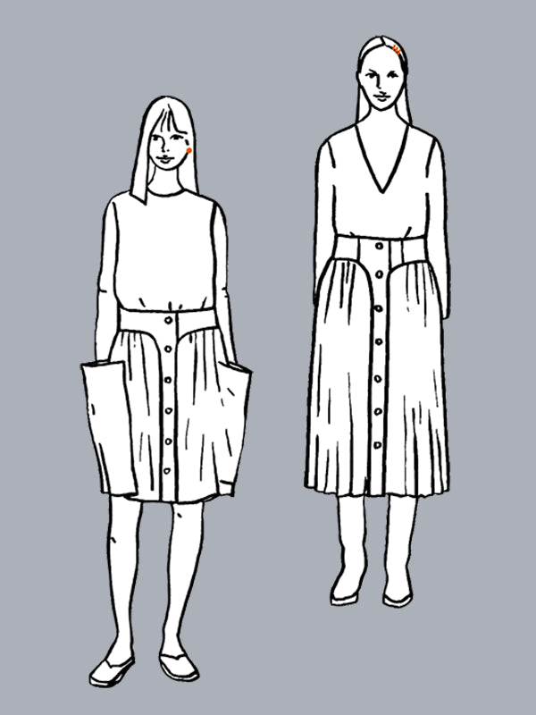 Black and white line drawings of two women wearing button-up skirts on a gray background