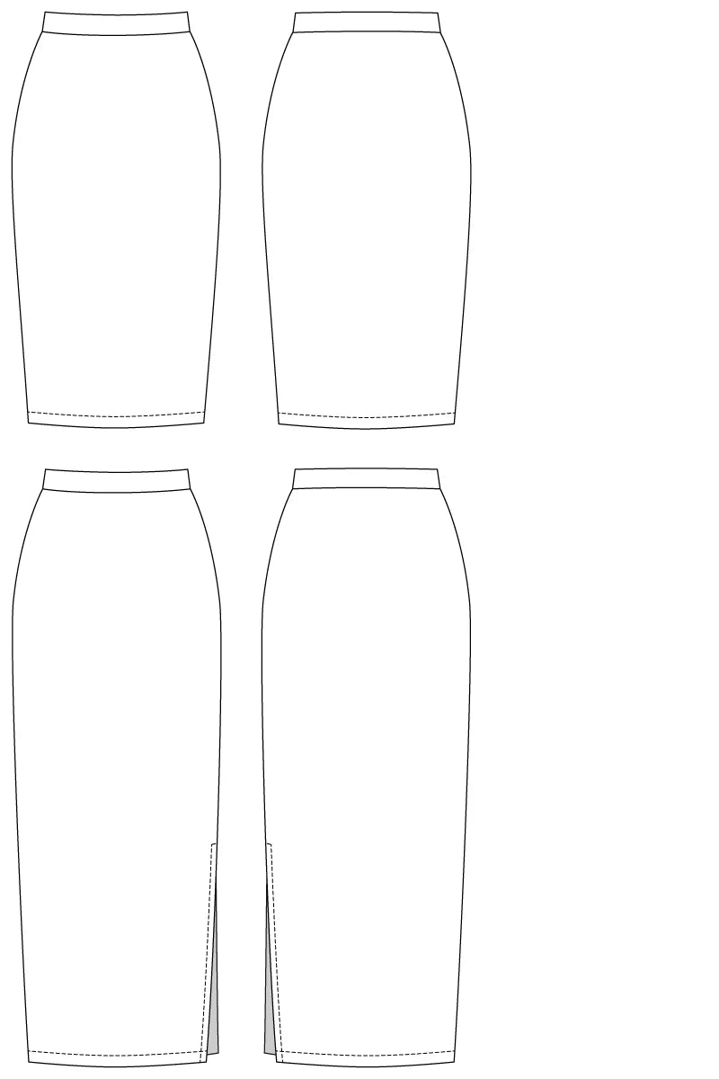 Black and white line art sewing pattern showing four views of a pencil skirt, including front and back views with side seam details.