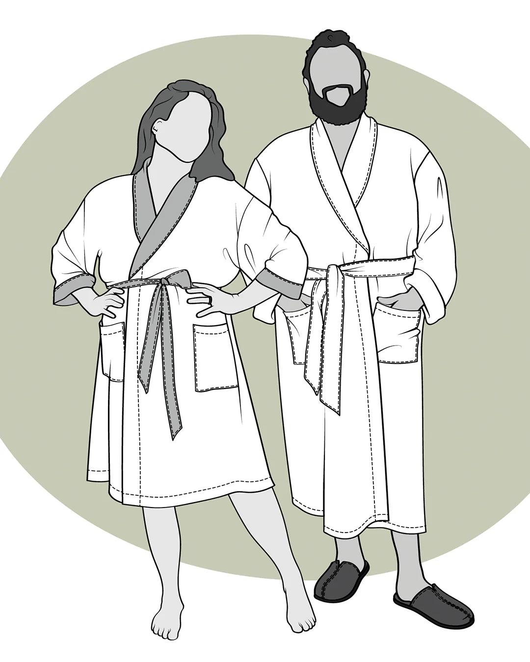 front full illustration of two people wearing arbutus sewing pattern in both short and long styles.