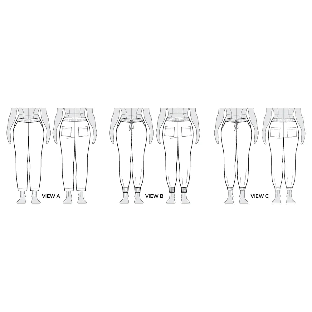 tech line drawing of arden pants with both leg and waistband options