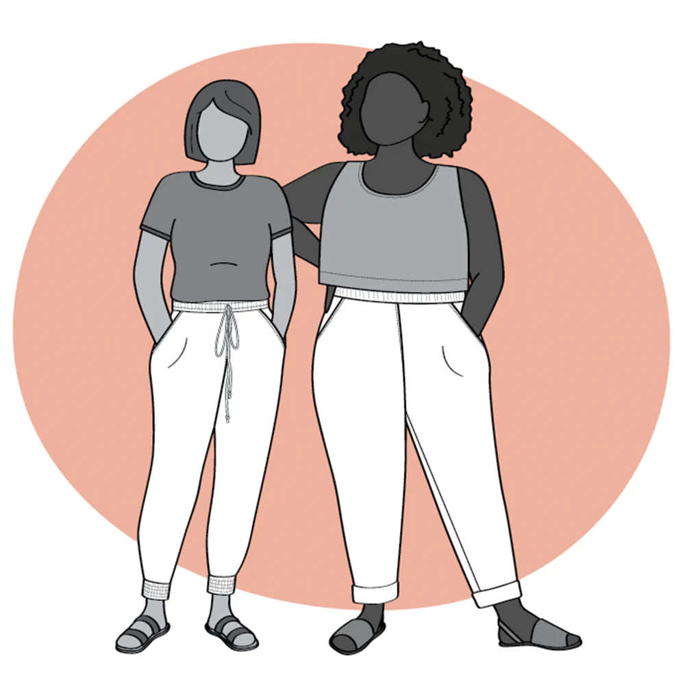 Arden pants illustration representing both views - cuffed and rolled pants legs