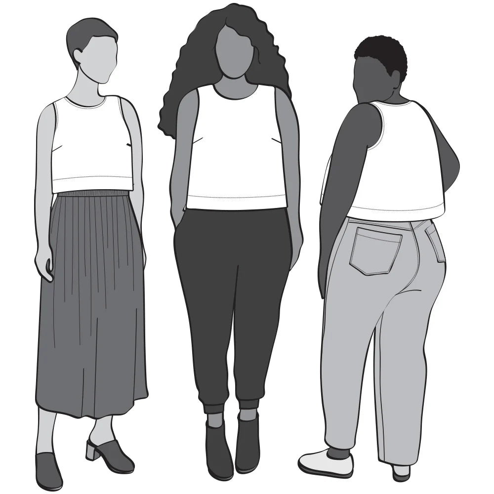 illustration of three differently sized people wearing the Ashton top