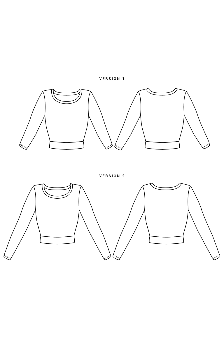 Line drawings of a crop top with long sleeves in two versions on a white background.