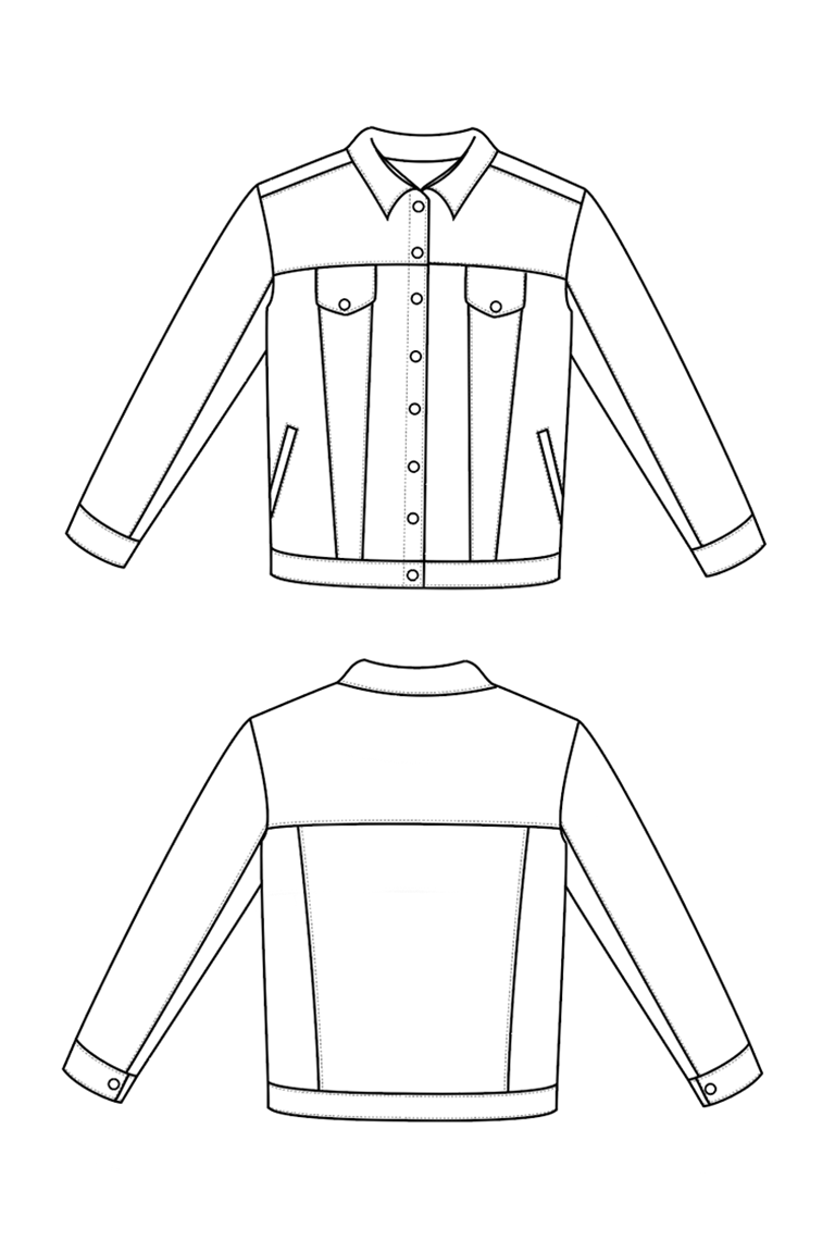Line drawing of a jacket from multiple angles on a white background