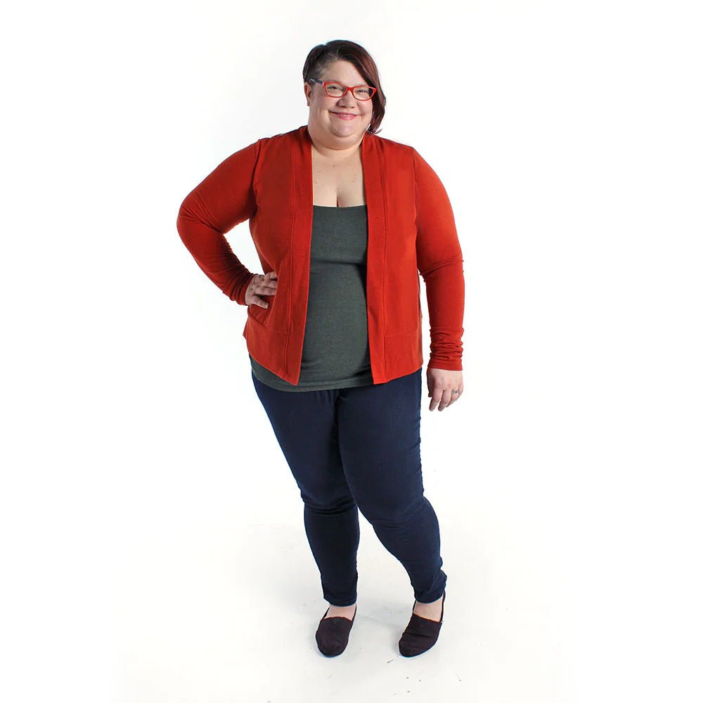 full picture of person wearing a red short blackwood cardigan in view b