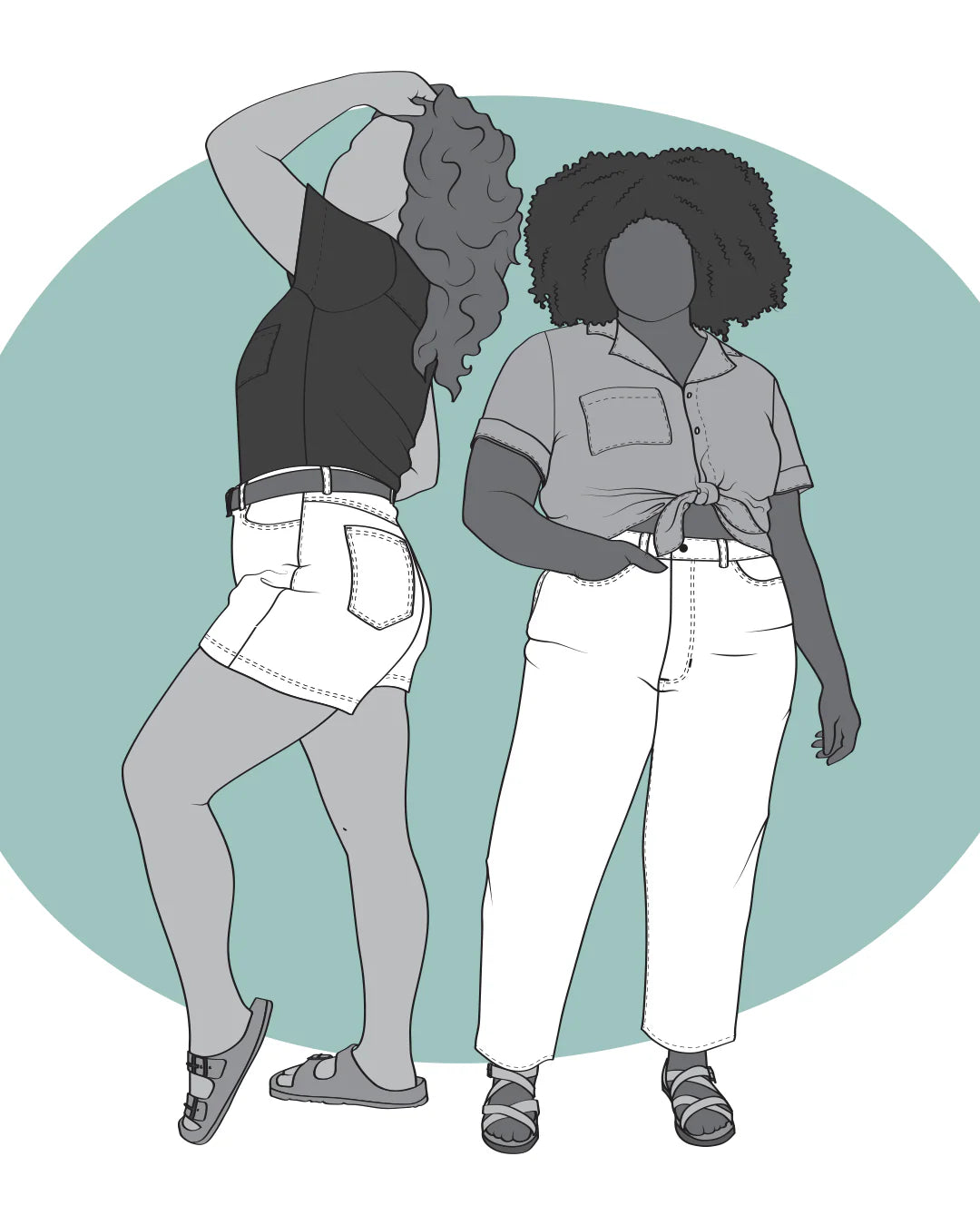 illustration of people wearing both views of Brooks jeans