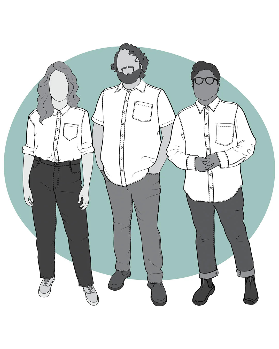 illustration of people wearing different versions of the cameron button shirt