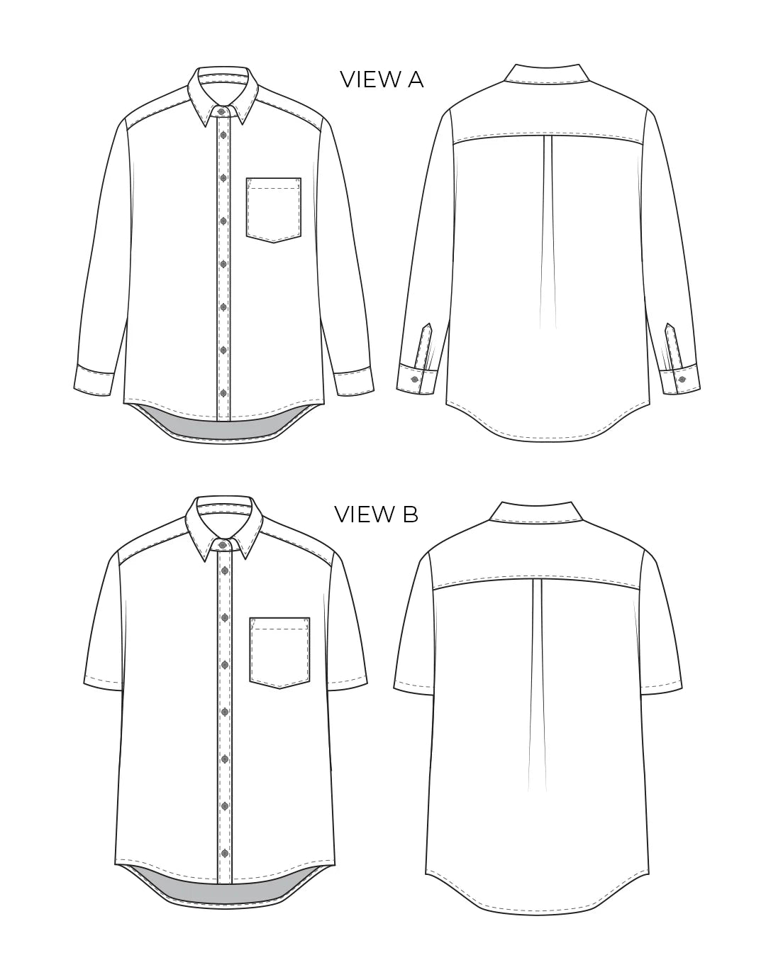 tech line drawing of cameron button up sewing pattern