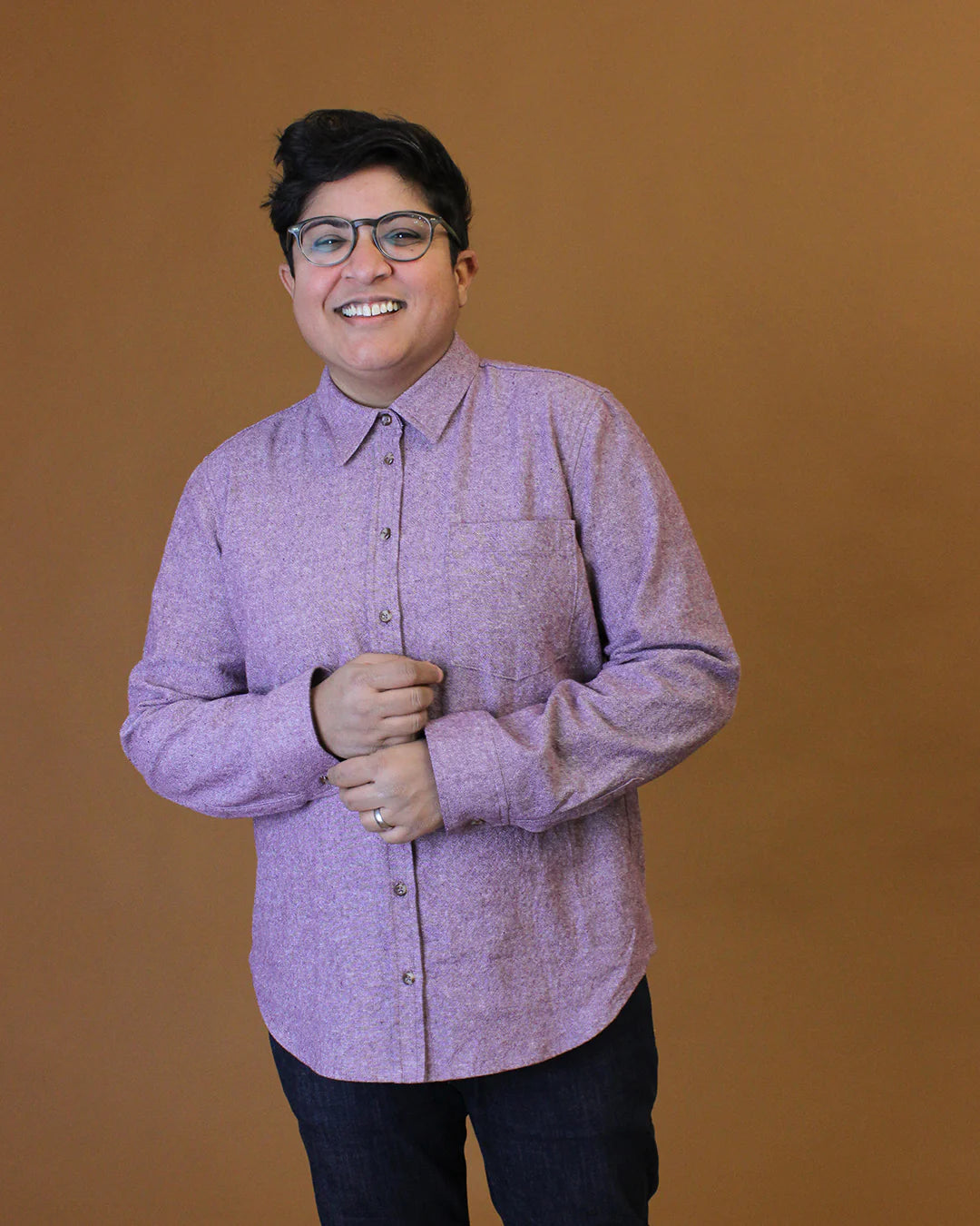 picture of person wearing a long sleeve version of the cameron button up shirt