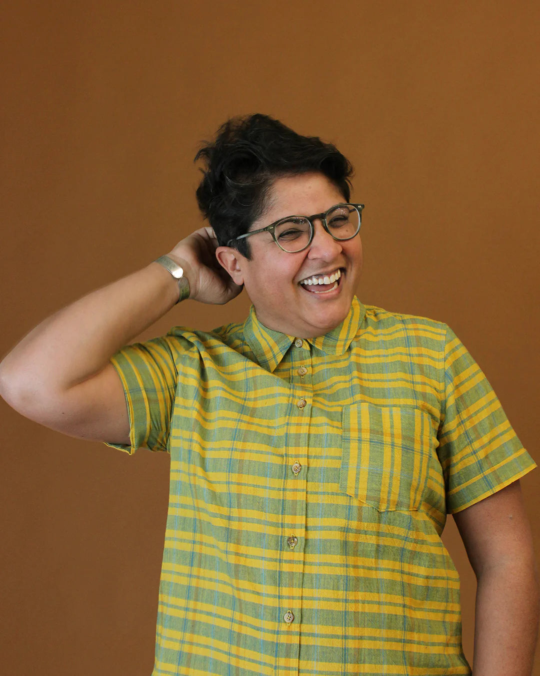 picture of person wearing a short sleeve version of the cameron button up shirt