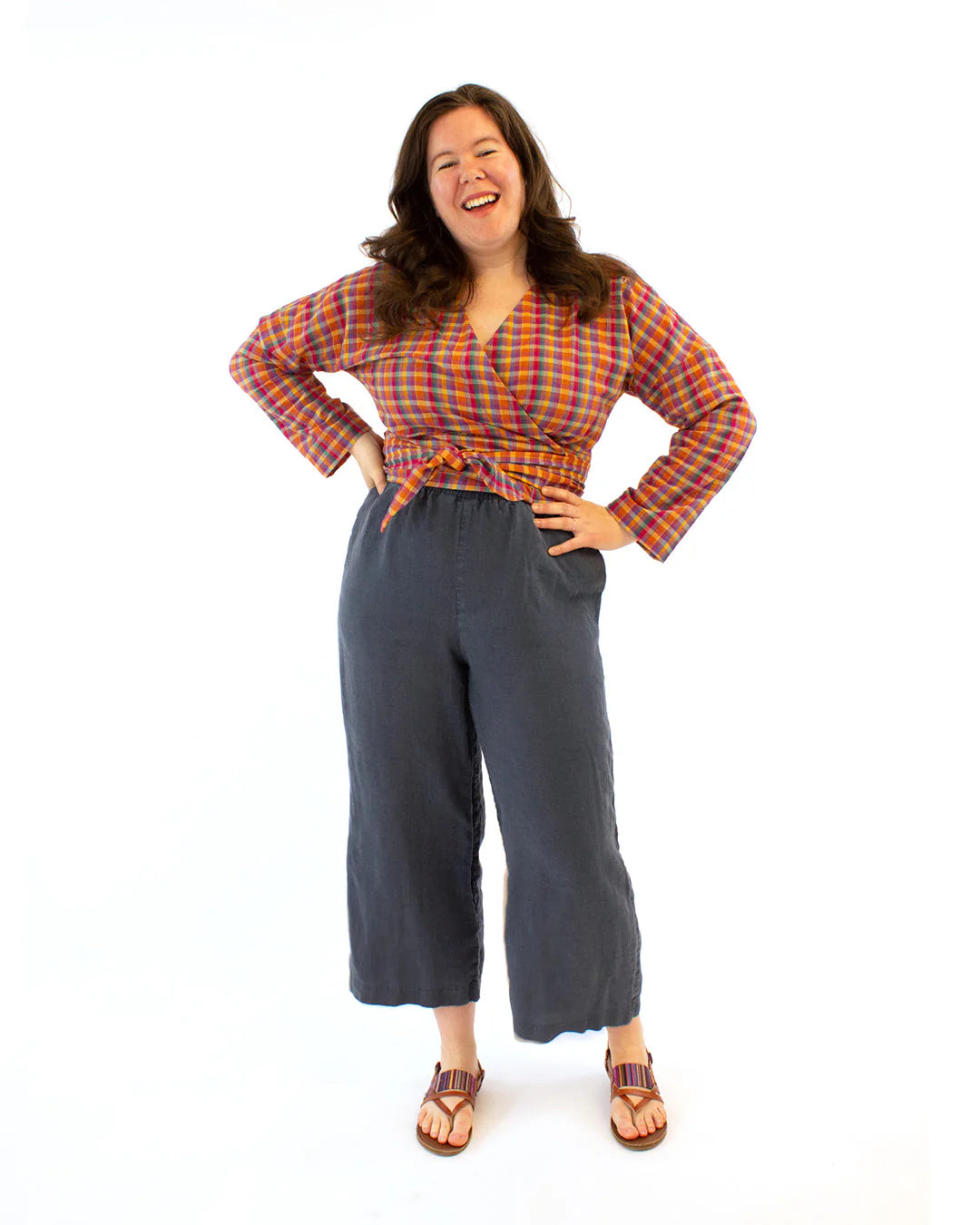 picture of woman wearing long sleeve wrap cassidy shirt 