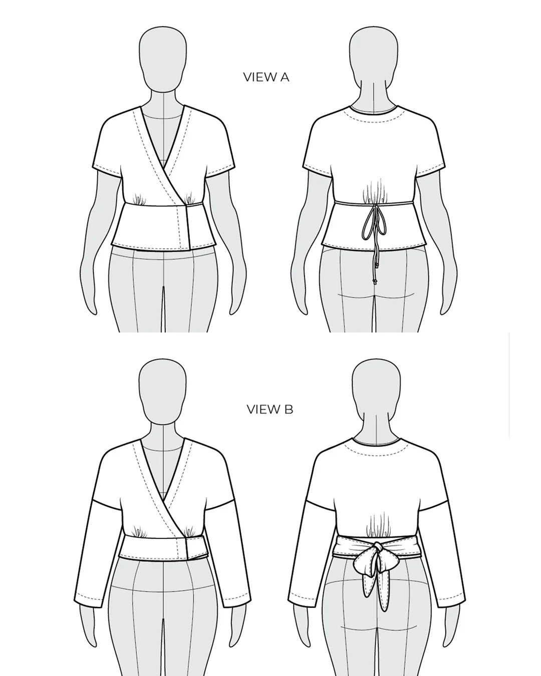 tech line drawing of both views of the cassidy wrap shirt 