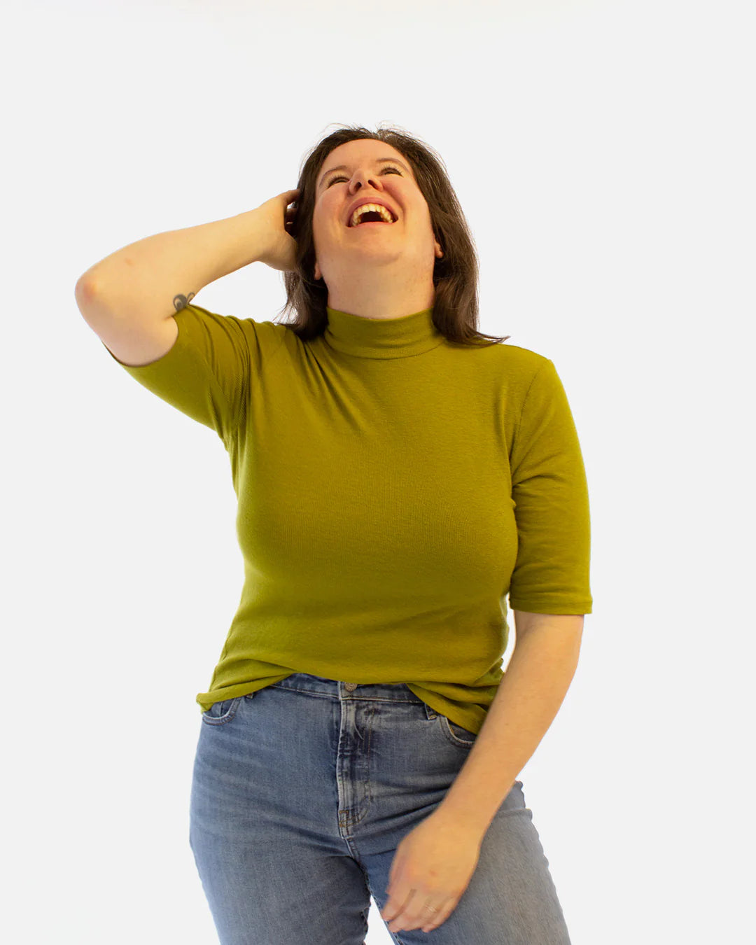 picture of person wearing dawson top with mock turtleneck and three quarter sleeves