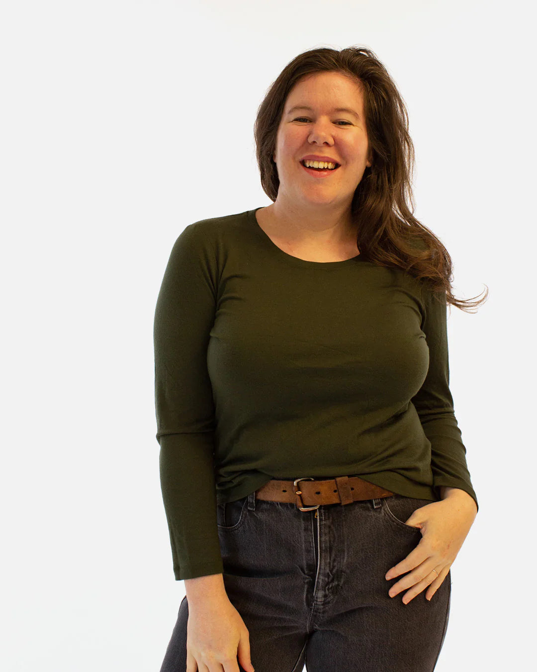 picture of person wearing dawson top with crew neckline and long sleeves