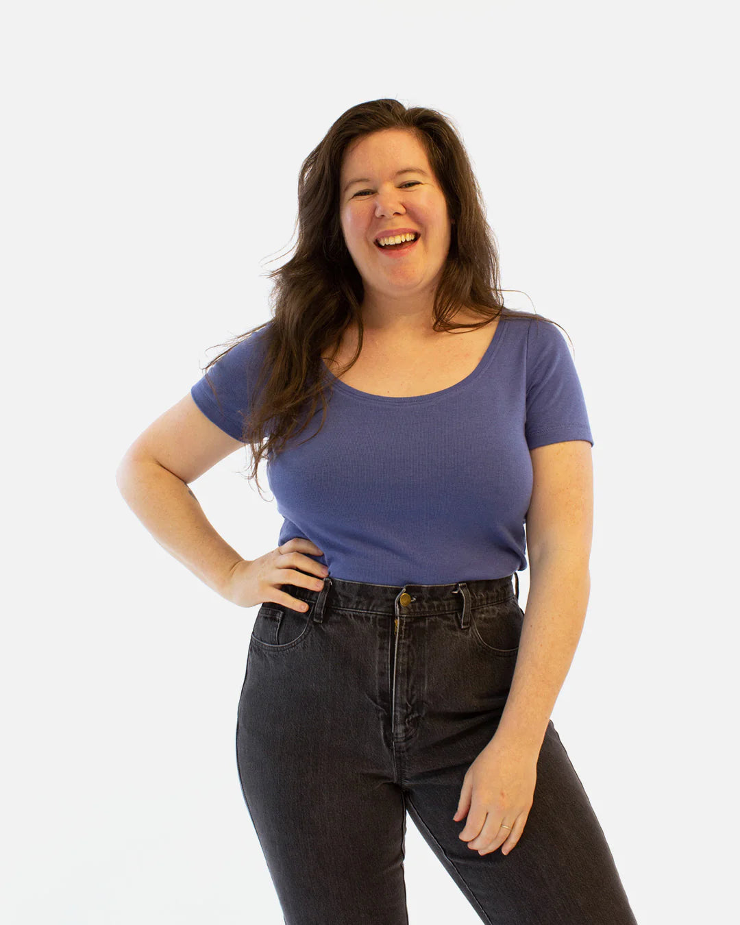 picture of person wearing dawson top with scoop neckline