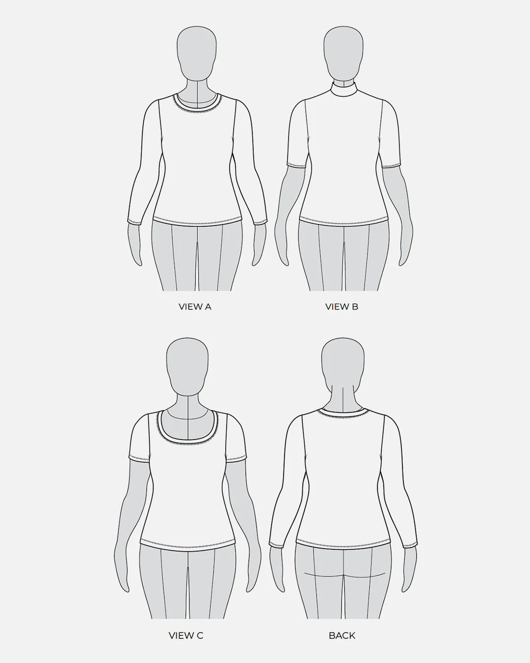 tech line drawing of three views of Dawson top
