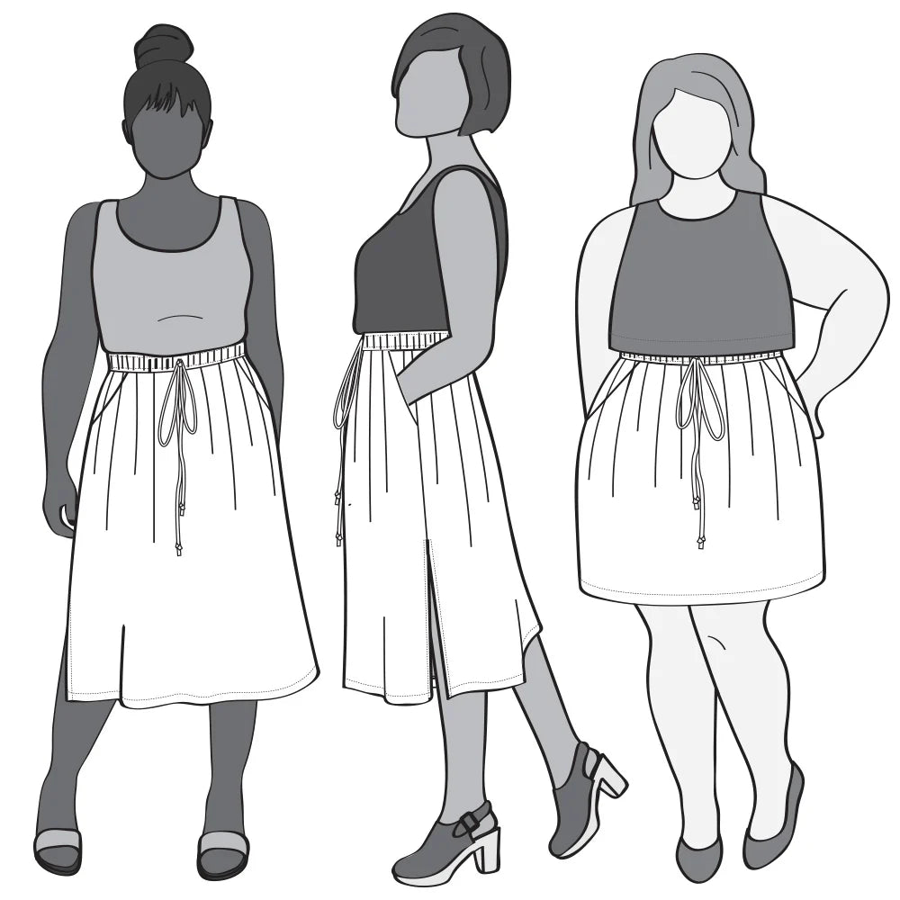 illustration of three different views of donovan skirt