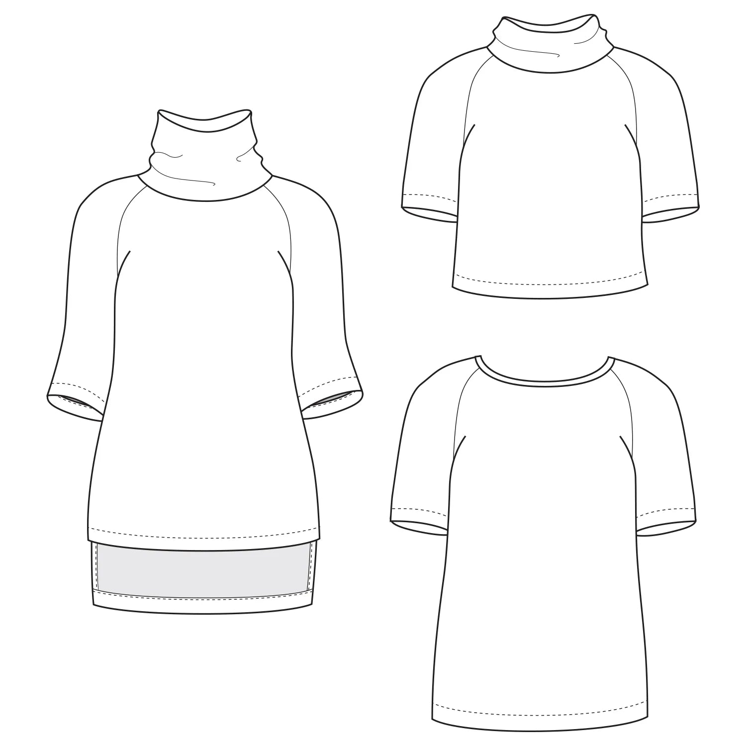 tech line drawing of three views of elliot sweater