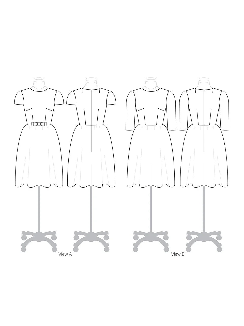 Line drawing of a dress on a mannequin with two views labeled A and B.