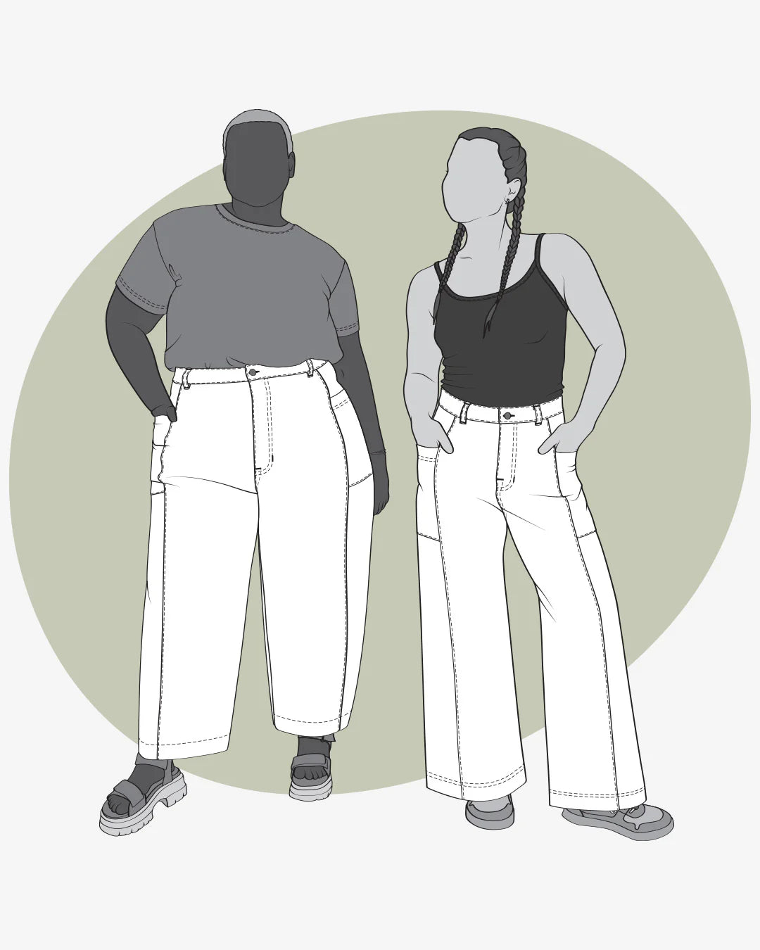 illustration of two people wearing both versions of the falconer pants