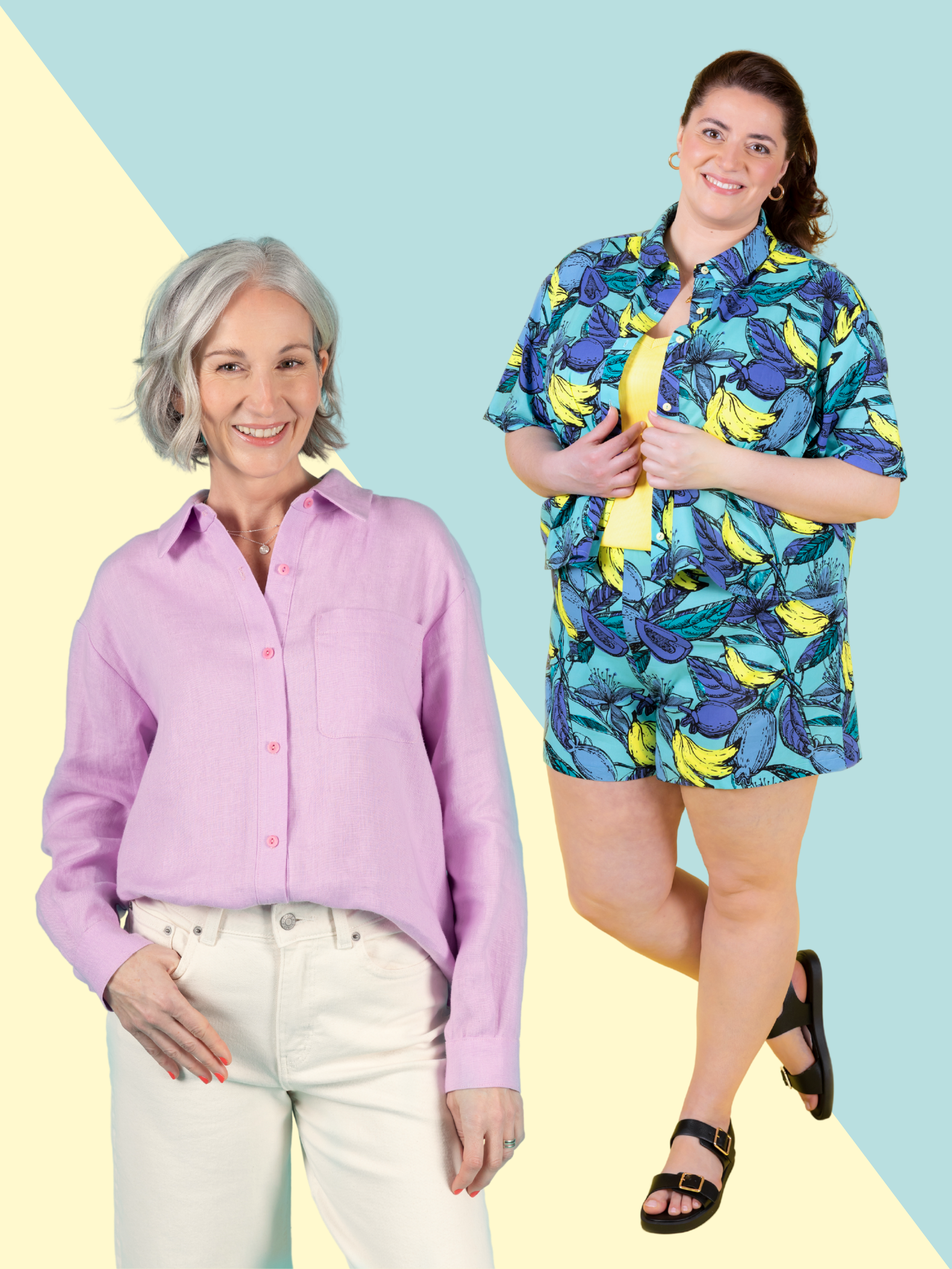 Two women wearing colorful outfits on a two-tone blue and yellow background