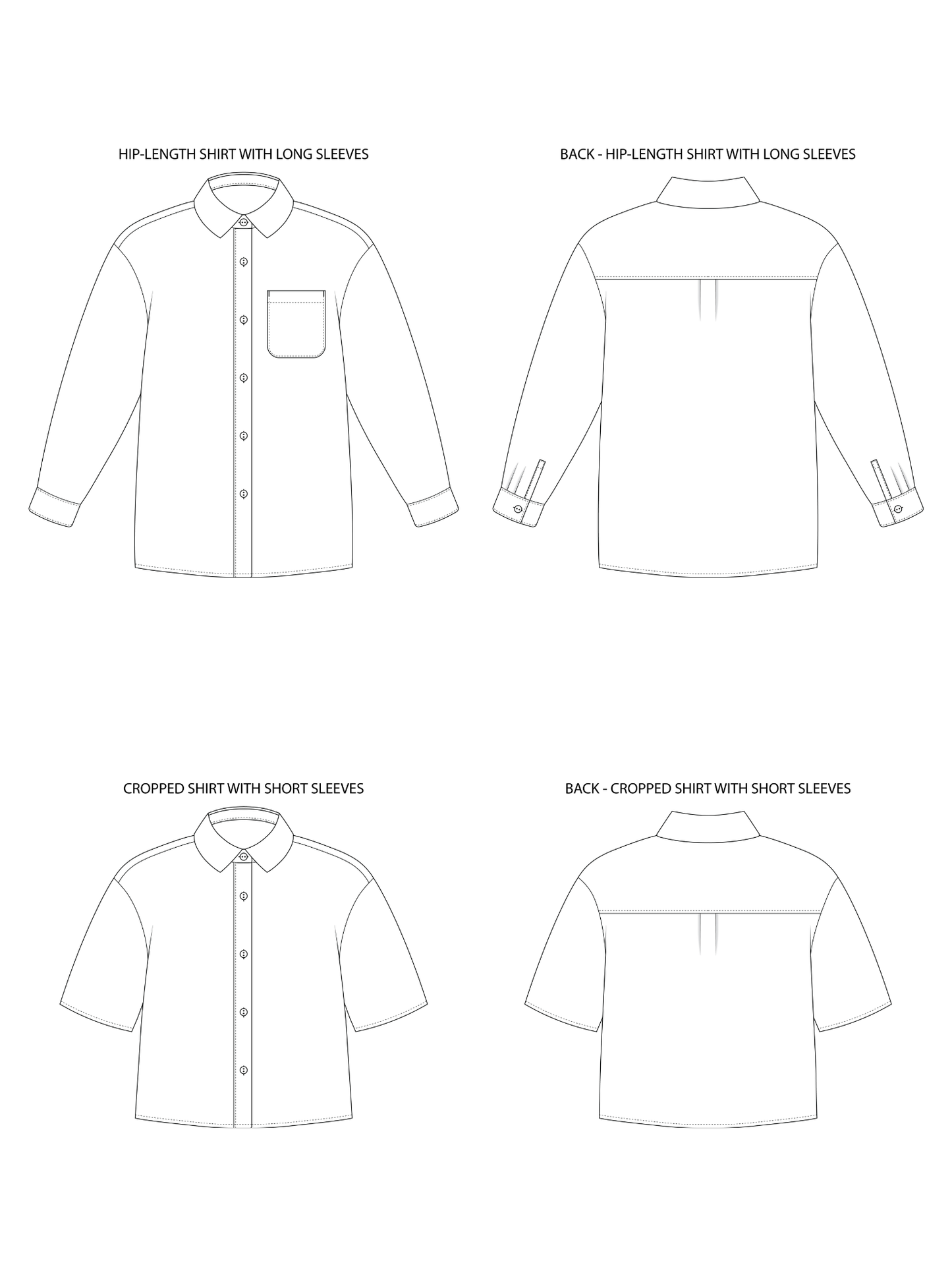 Technical drawing of a shirt with long and short sleeves on a white background