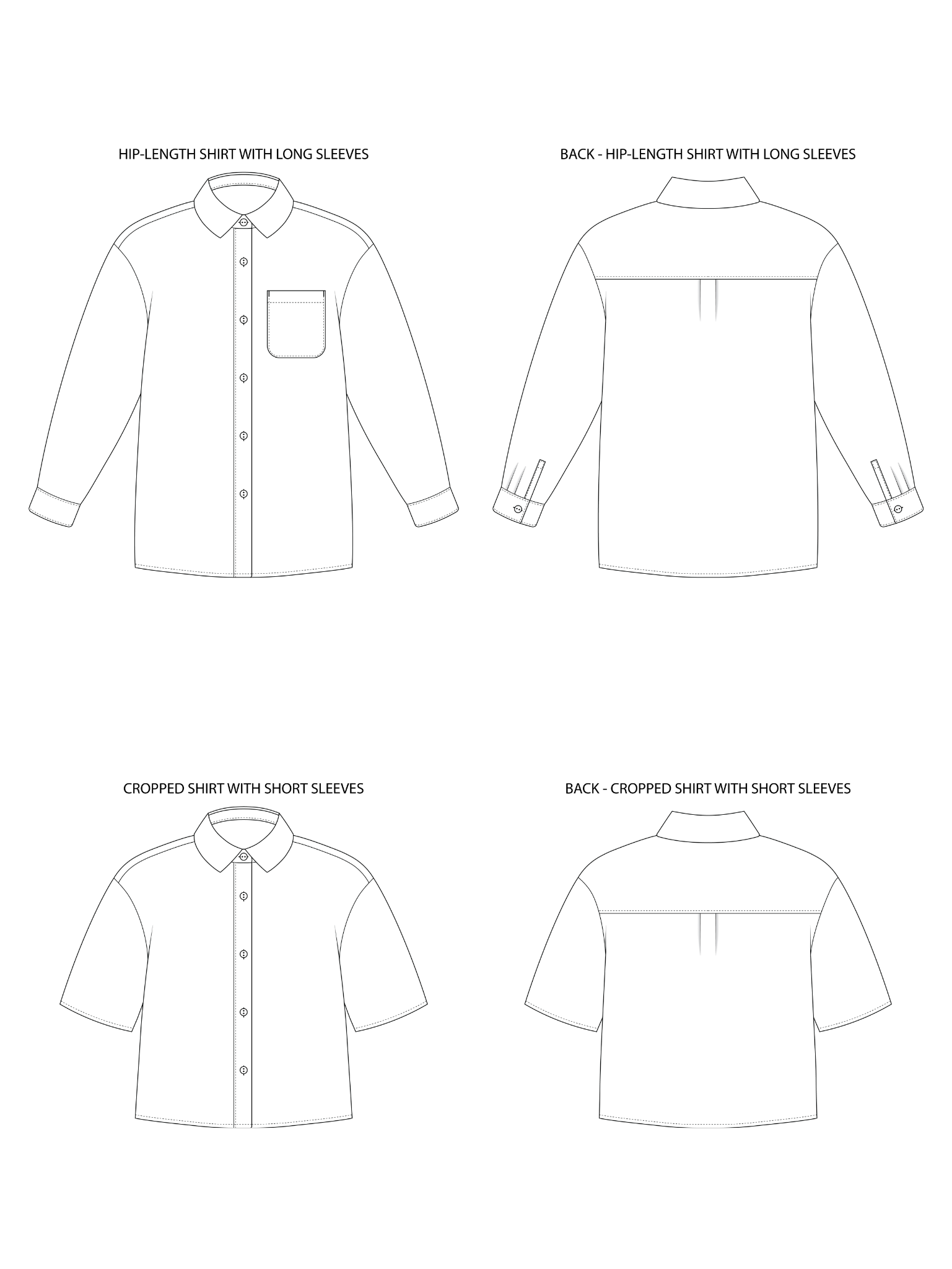 Technical drawing of a shirt with long and short sleeves on a white background