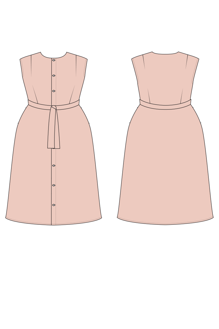 Pink dress with buttons and a belt on a white background