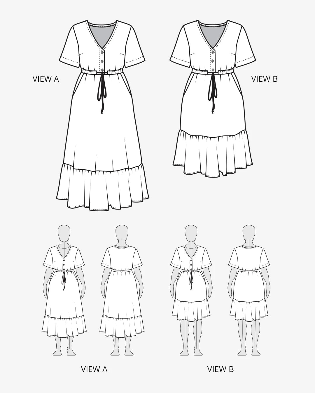 tech drawing of the different variations of the Holmes dress from front and back views a and b.