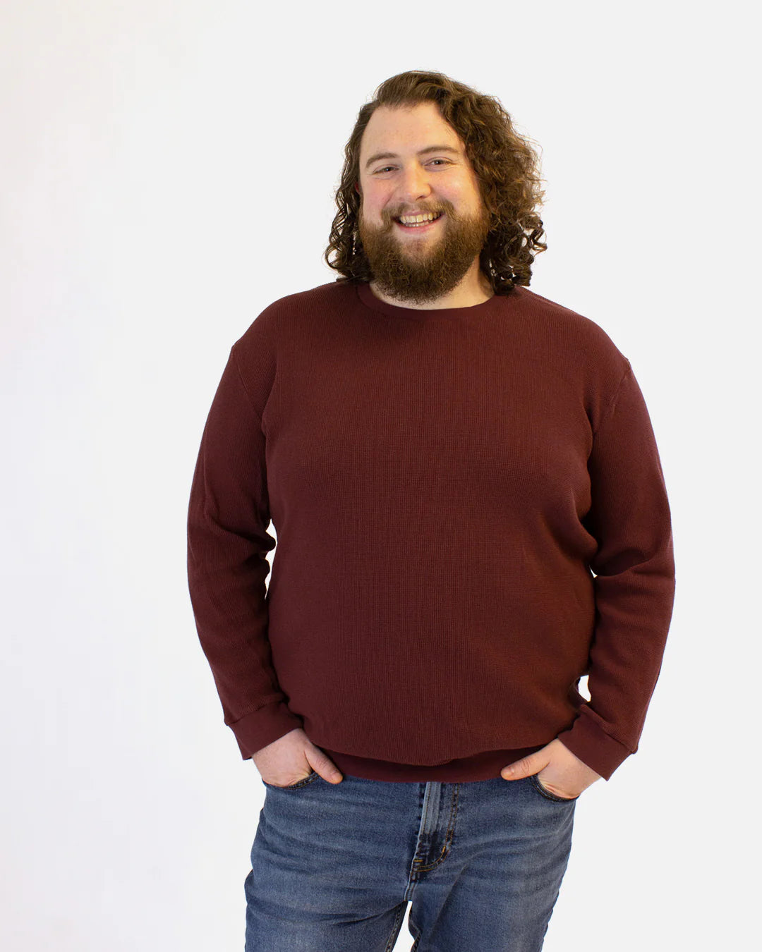 picture of person from the front wearing long sleeve jackson tee in a waffle knit