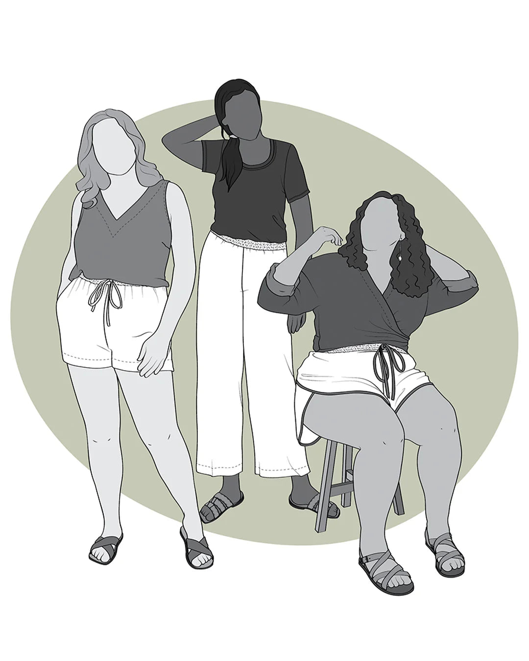 illustration of three differenct views of june shorts and pants