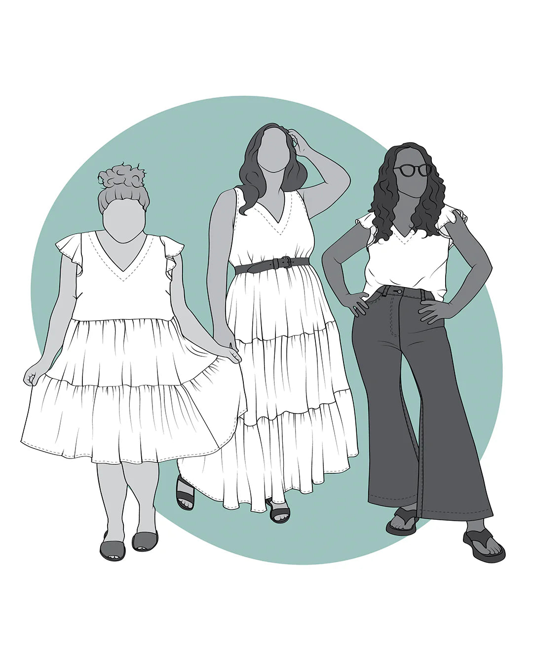 Illustration of different views of lawrence dress and top